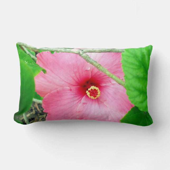 Coussin Rectangle Jungle d'Hibiscus rose, Poussin Lumbar. (Recto)