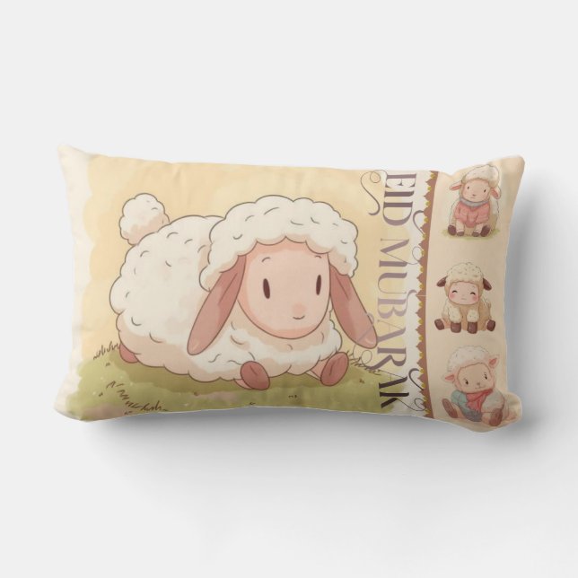 Coussin Rectangle Kawaii Sweet Sheep "Eid Mubarak" Throw Pillow (Verso)