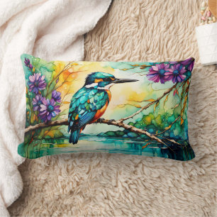 Coussin Rectangle Kingfisher perché au-dessus des Fleurs sauvages d'