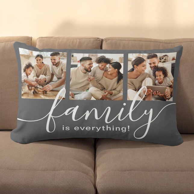 Coussin Rectangle La famille est tout 3 Photo Collage Gris (Personalize with 3 favorite family photos.)