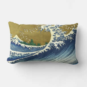 Coussin Rectangle La Grande Vague (Art Japonais Bleu et Or, Hokusai)