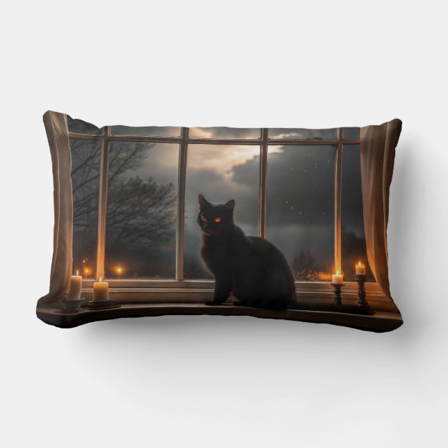 Coussin Rectangle La sorcière familière et Éffrayante chatte noire (Recto)