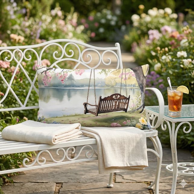 Coussin Rectangle Lakeside Swing dans le jardin d'aquarelle romantiq (Lakeside Swing in Romantic Watercolor Garden Lumbar Pillow Mockup A)