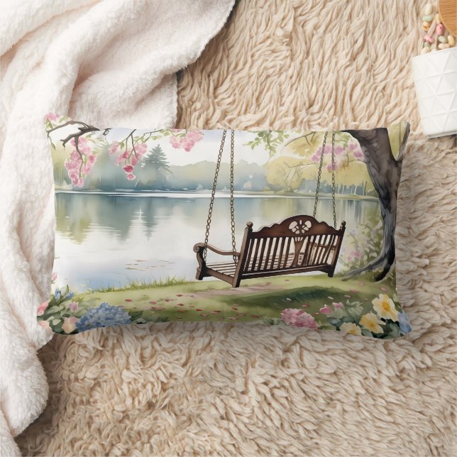 Coussin Rectangle Lakeside Swing dans le jardin d'aquarelle romantiq (Couverture)