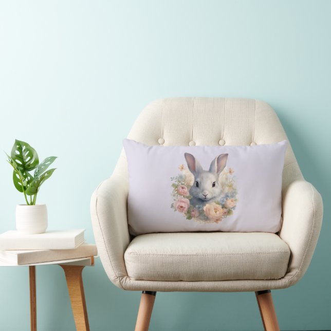 Coussin Rectangle Lapin entouré de fleurs pastel Mignon (Chaise)