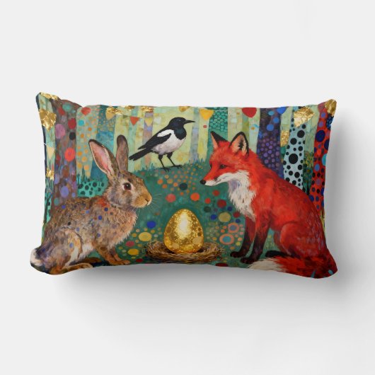 Coussin Rectangle Lapin, Pie, Renard et « L'Œuf d'or de l'oie » (Recto)