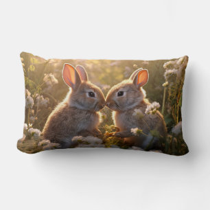 Coussin Rectangle Lapins Adorables dans la Prairie de Printemps Desi