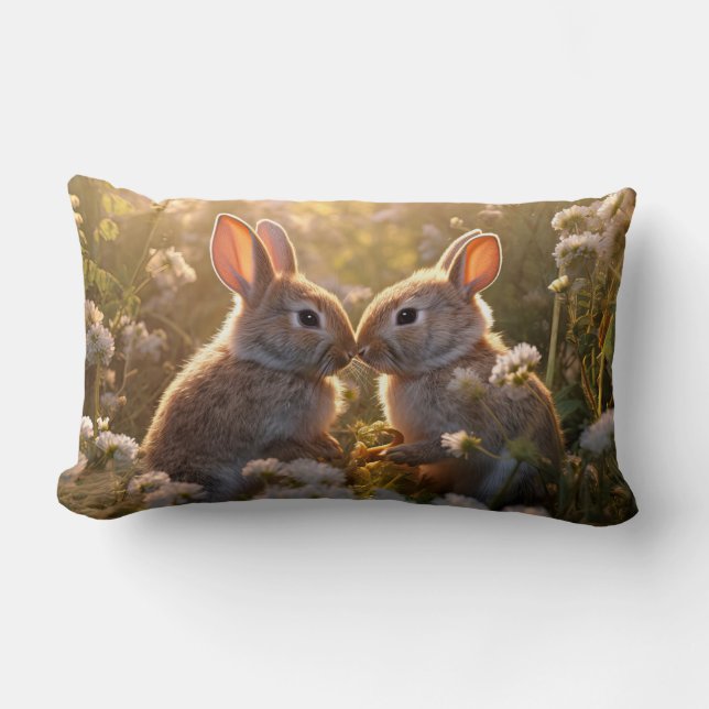 Coussin Rectangle Lapins Adorables dans la Prairie de Printemps Desi (Recto)