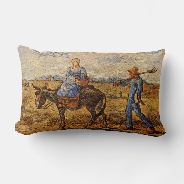 Coussin Rectangle Le matin, un couple de paysans va travailler (Recto)