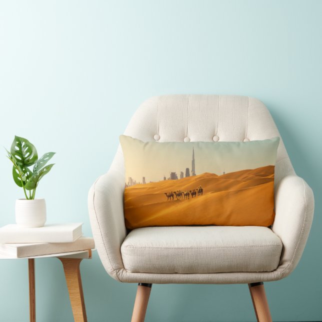 Coussin Rectangle Les déserts | Vue Skyline de Dubaï avec chameaux (Chaise)