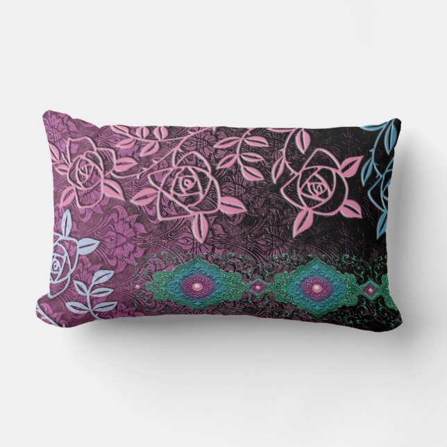 Coussin Rectangle LES ROSES DE ZOLLIE : JOLIE PRUNE et TEAL (Recto)
