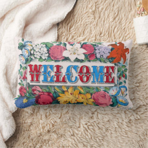 Coussin Rectangle Lettres de bienvenue Roses Lys Fleurs de jardin