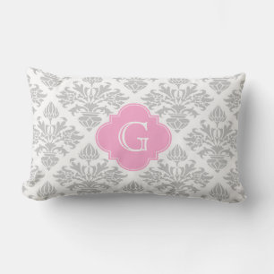 Coussin Rectangle Lg Gris Blanc Floral Damas #3 Étiquette rose Monog