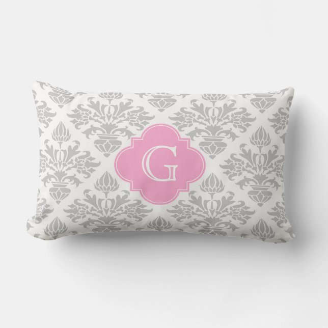 Coussin Rectangle Lg Gris Blanc Floral Damas #3 Étiquette rose Monog (Recto)