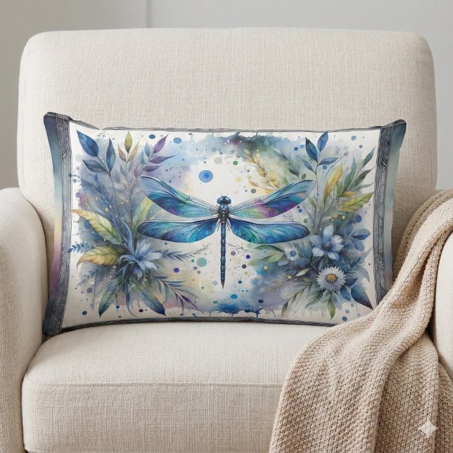 Coussin Rectangle Libellule bleue Aquarelle botanique (Blue Dragonfly Botanical Watercolor Lumbar Pillow Mockup A)