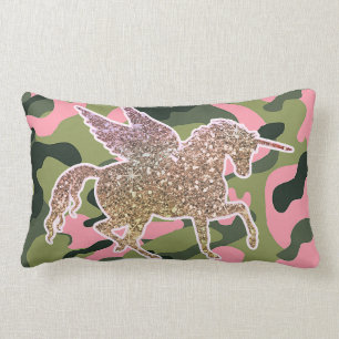 Coussin Rectangle Licorne Camouflage Vert Rose & Paillettes Dorées