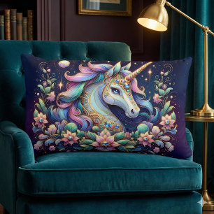 Coussin Rectangle Licorne Florale aux Tons de Bijoux Fantastique