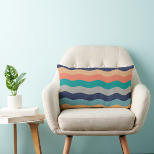Coussin Rectangle Lignes à ondes rétro - Bleu Turquoise Orange