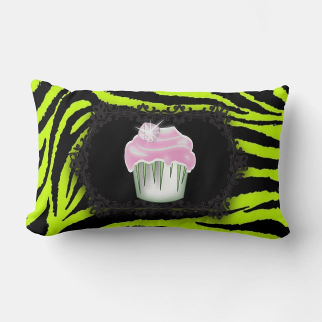 Coussin Rectangle Lime vert zèbre imprimé Sweet sixteen Cupcake rose (Recto)