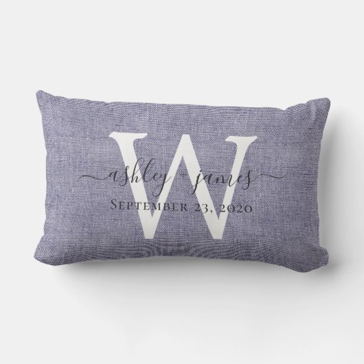 Coussin Rectangle Lin bleu blanc Monogramme Mariage Keepsaké (Verso)