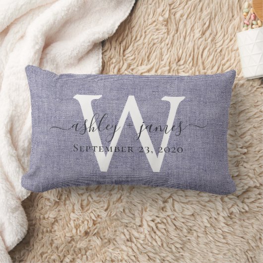 Coussin Rectangle Lin bleu blanc Monogramme Mariage Keepsaké (Couverture)