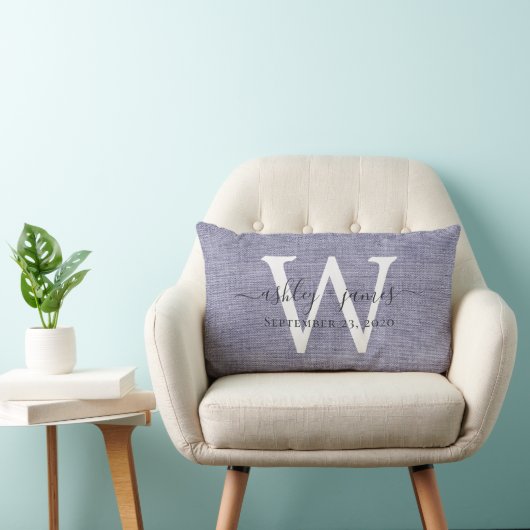 Coussin Rectangle Lin bleu blanc Monogramme Mariage Keepsaké (Chaise)