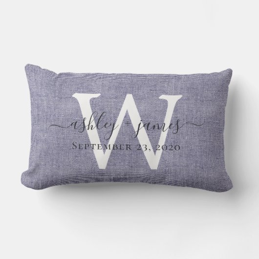 Coussin Rectangle Lin bleu blanc Monogramme Mariage Keepsaké (Recto)