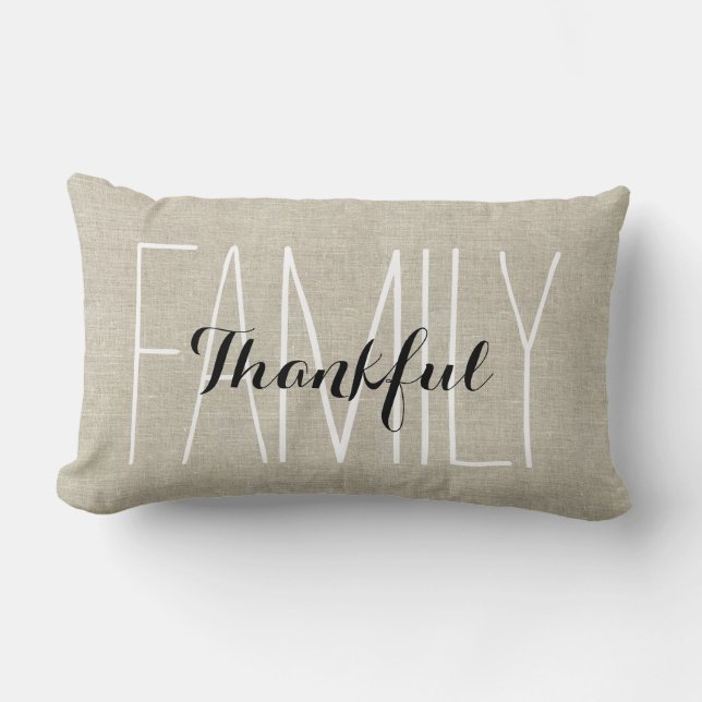 Coussin Rectangle Linen Look Thankful Famille Personnalisée Keepsaké (Recto)