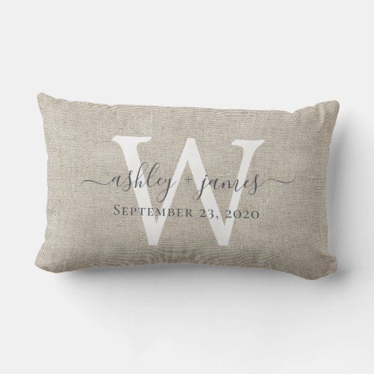 Coussin Rectangle Linge beige Blanc Monogramme Mariage Keepsaké (Verso)