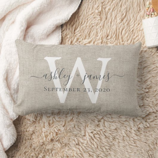 Coussin Rectangle Linge beige Blanc Monogramme Mariage Keepsaké (Couverture)