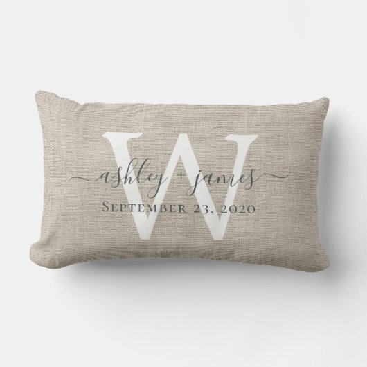 Coussin Rectangle Linge beige Blanc Monogramme Mariage Keepsaké (Recto)