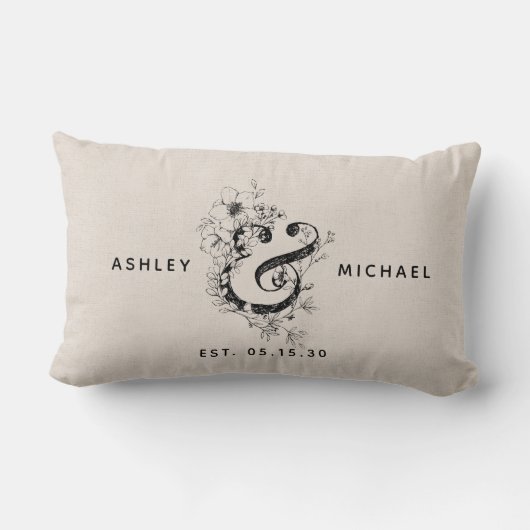 Coussin Rectangle Liseré de mariage avec ampersand botanique nom dat (Verso)