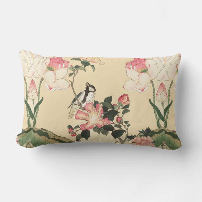 COUSSIN RECTANGLE LITTLE BIRD WITH PINK ROSES AND LOTUS FLOWERS (Recto)