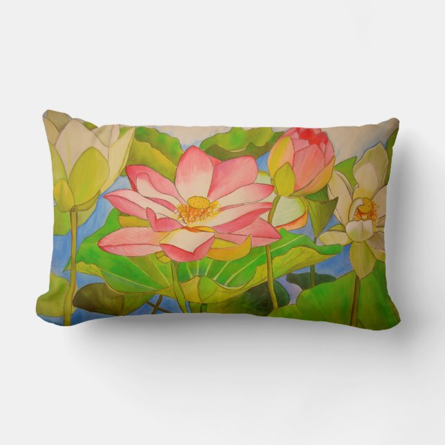 Coussin Rectangle Lotus rose nénuphar aquarelle peinture (Recto)