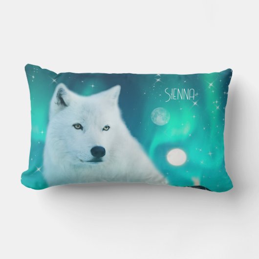 Coussin Rectangle Loup arctique et nuit magique avec aurores boréale (Recto)