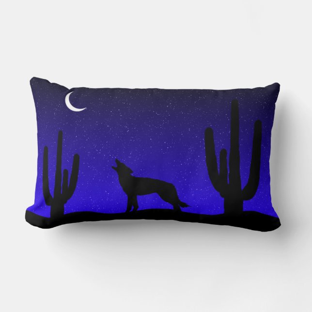 Coussin Rectangle Loup hurlant silhouette de nuit dans le désert (Recto)