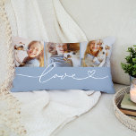 Coussin Rectangle Love Heart Script Chambray Custom 3 Photo Collage<br><div class="desc">Moderne et élégant design lombaire conçu sur mesure comprend un collage photo de trois (3) photos préférées avec un design simple et minimaliste de typographie blanche "Amour" qui comprend des détails florissants et cardiaques. Les couleurs bleu et blanc clair peuvent être modifiées.</div>