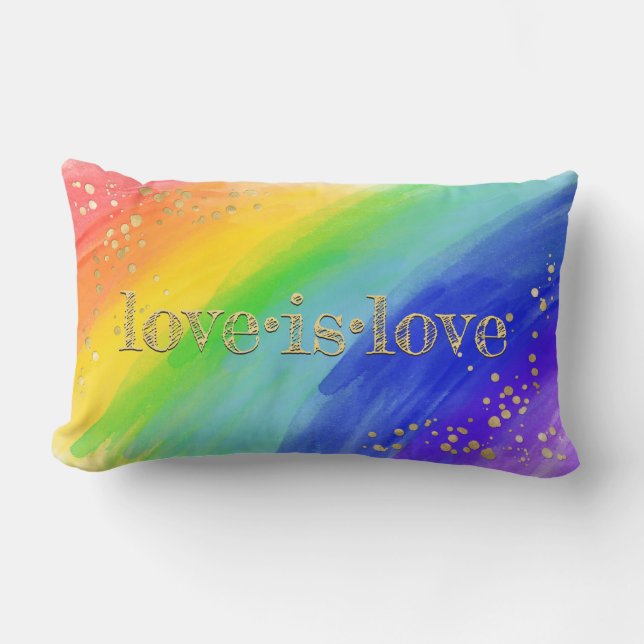 Coussin Rectangle Love is Love Gold Typography Aquarelle Arc-en-ciel (Recto)