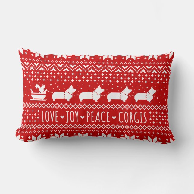 Coussin Rectangle Love Joy Peace Corgis Festive Noël (Recto)