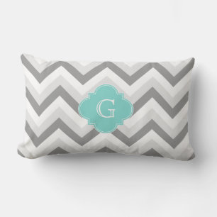 Coussin Rectangle Lt Deux Gris Blanc Chevron Aqua Monogramme