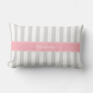 Coussin Rectangle Lt Gris Rayure Blanche Monogramme Rose Nom