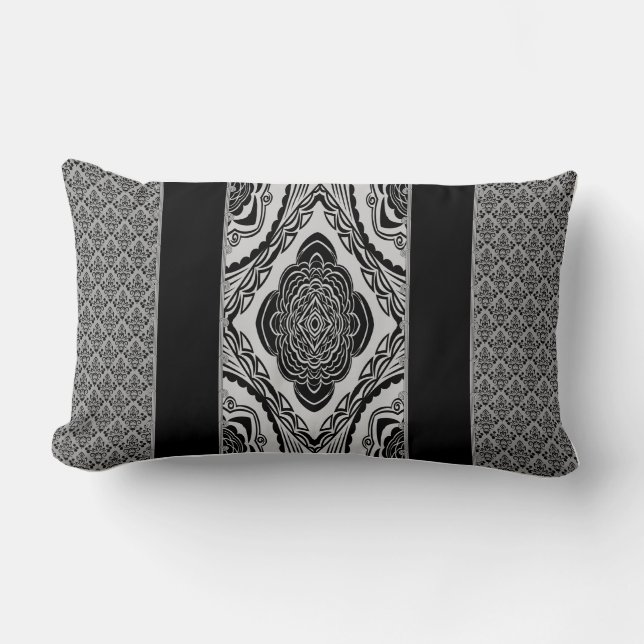 Coussin Rectangle Lumbar noir et blanc de carreau de damassé (Recto)