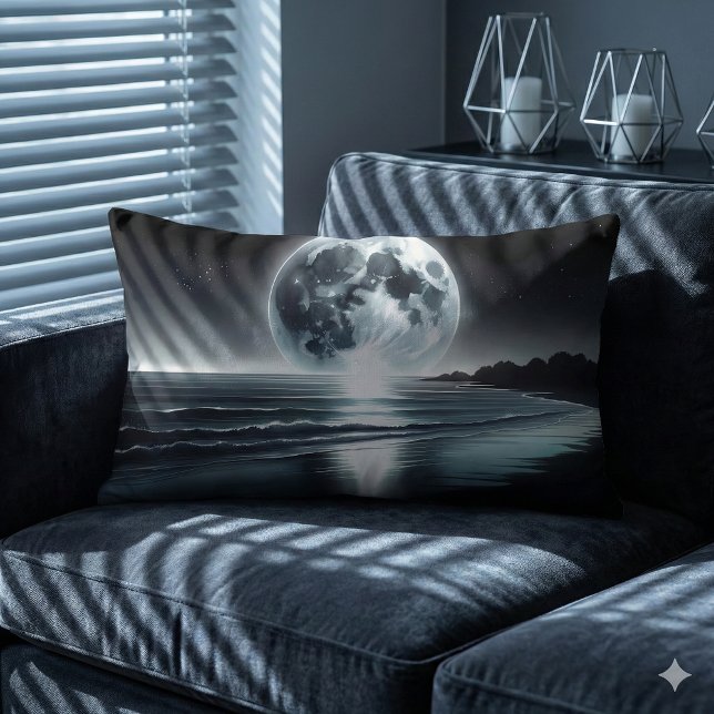 Coussin Rectangle Lune Surréelle Sur La Tranquille Côte Océanique (Surreal Moonrise Over Tranquil Ocean Shore Lumbar Pillow Mockup B)