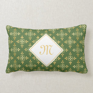 Coussin Rectangle Luxe Monogramme vert et or Quatre Floral