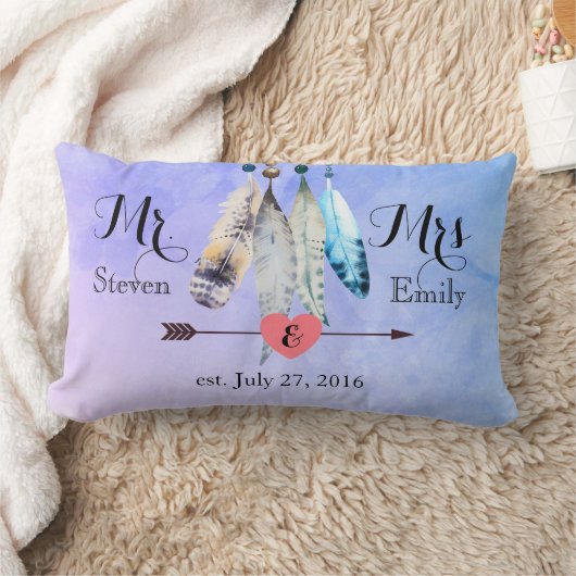 Coussin Rectangle M. et Mme Mariage Date Aquarelle plumes (Couverture)