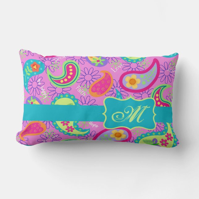 Coussin Rectangle Magenta rose Turquoise moderne Paisley Monogramme (Recto)