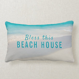 Coussin Rectangle Maison de plage à texte personnalisé sur la côt