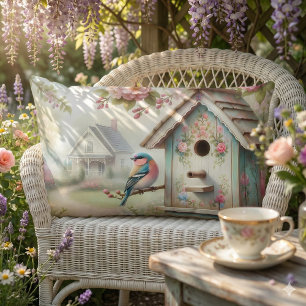 Coussin Rectangle Maison d'oiseau printanière avec fleurs pastel et