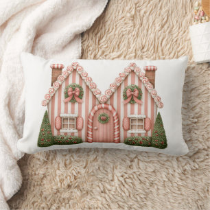 Coussin Rectangle Maison en pain d'épices rayée rose