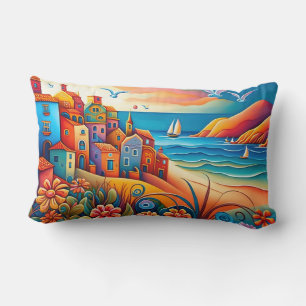 Coussin Rectangle Maisons colorées sur une colline avec des mouettes